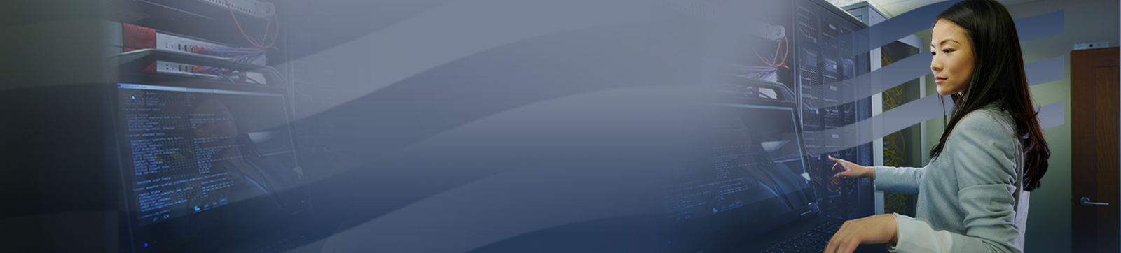 Fundo Azul Escuro na cor do IEL, com foto de profissional de TI executiva na direita e máquina na esquerda